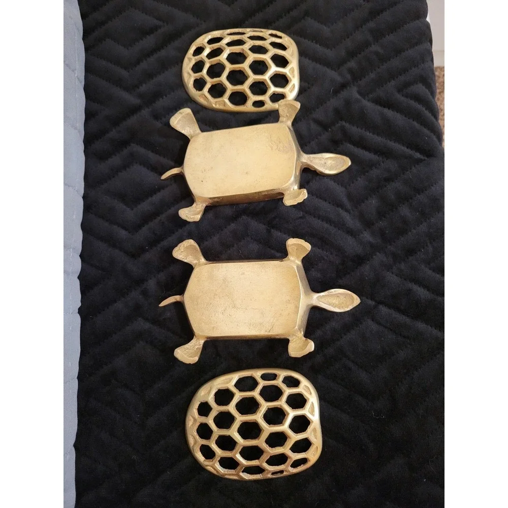 Vintage Brass Turtle Trinket Box Set (2pc) Honeycomb Lattice Shell Potpourri Fun